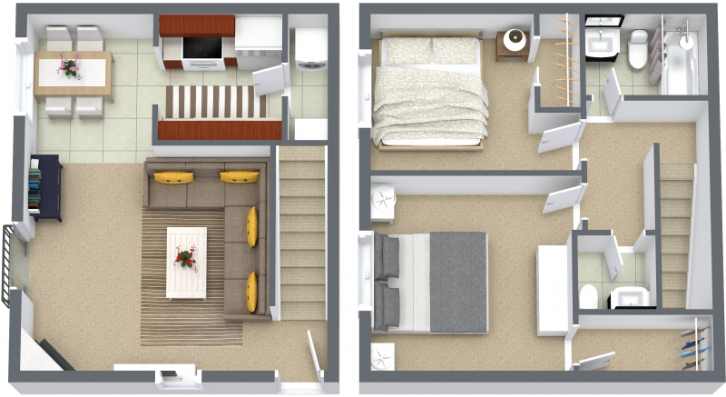 Floor plan for 2 beds, 1.5 baths, 940 sqft